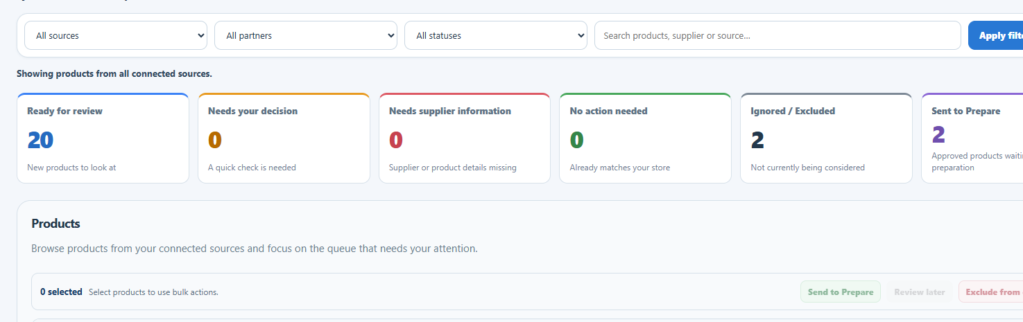 An anonymised real Katavio product view showing review, exclusion and preparation states.