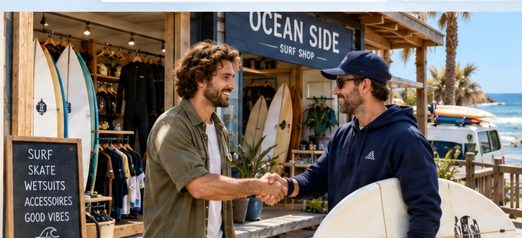 Two partners shake hands outside a coastal surf shop.