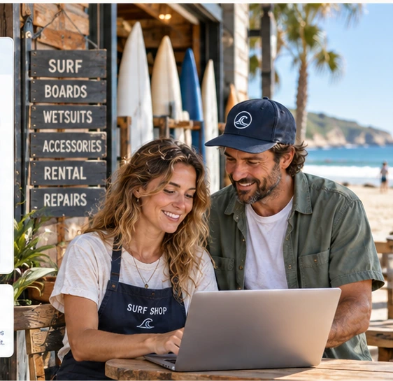 Two partners review a laptop outside a beachside surf shop.